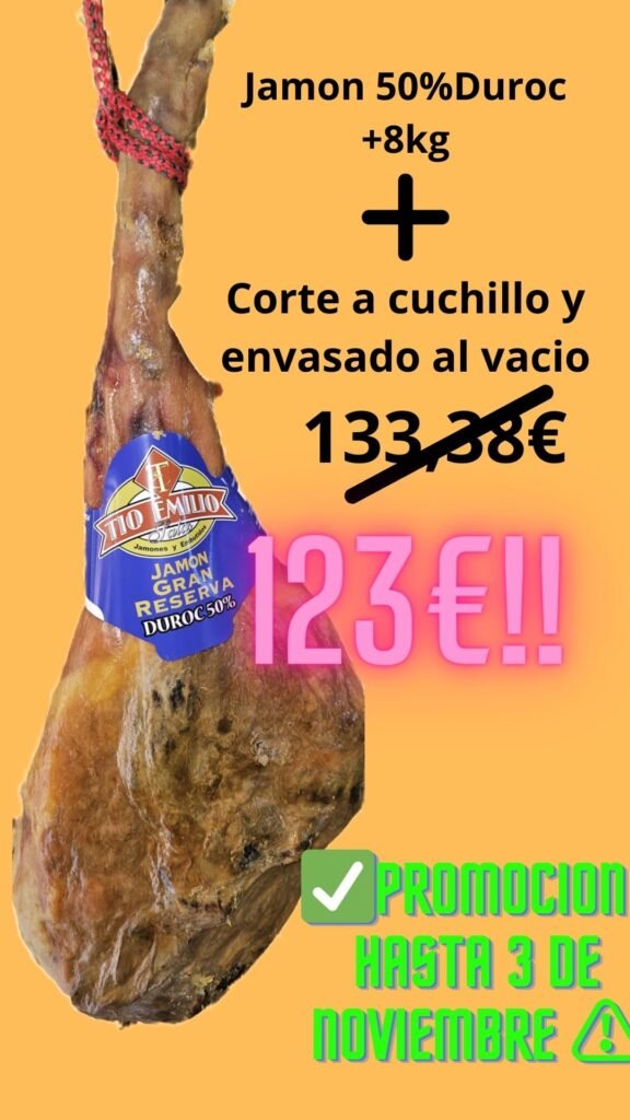Jamón Duroc Tío Emilio de Almería cortado a cuchillo y envasado al vacío.