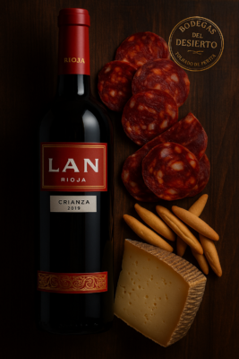 ChatGPT Image 26 oct 2025, 20_06_46 lote gourmet regalo Rioja Tradición con vino LAN Rioja, queso curado Los Cameros, chorizo ibérico de bellota y picos artesanos